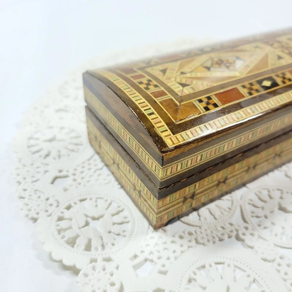 Middle Eastern Marquetry Mosaic Inlaid Wood Box Jewelry Pens Trinkets